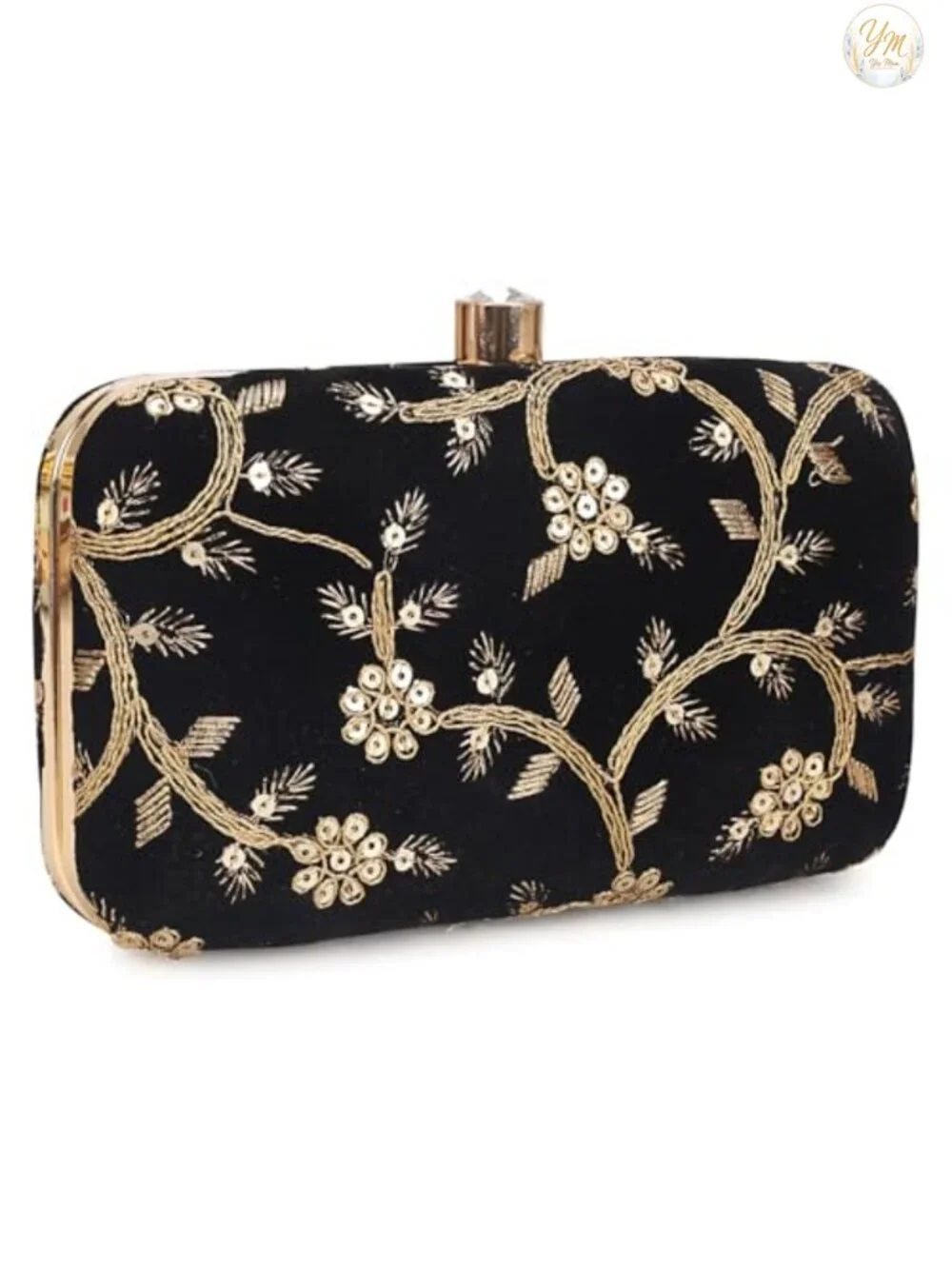 Hand Crafted Embroidered Box Clutch with Crystal Clasp and Chain Strap